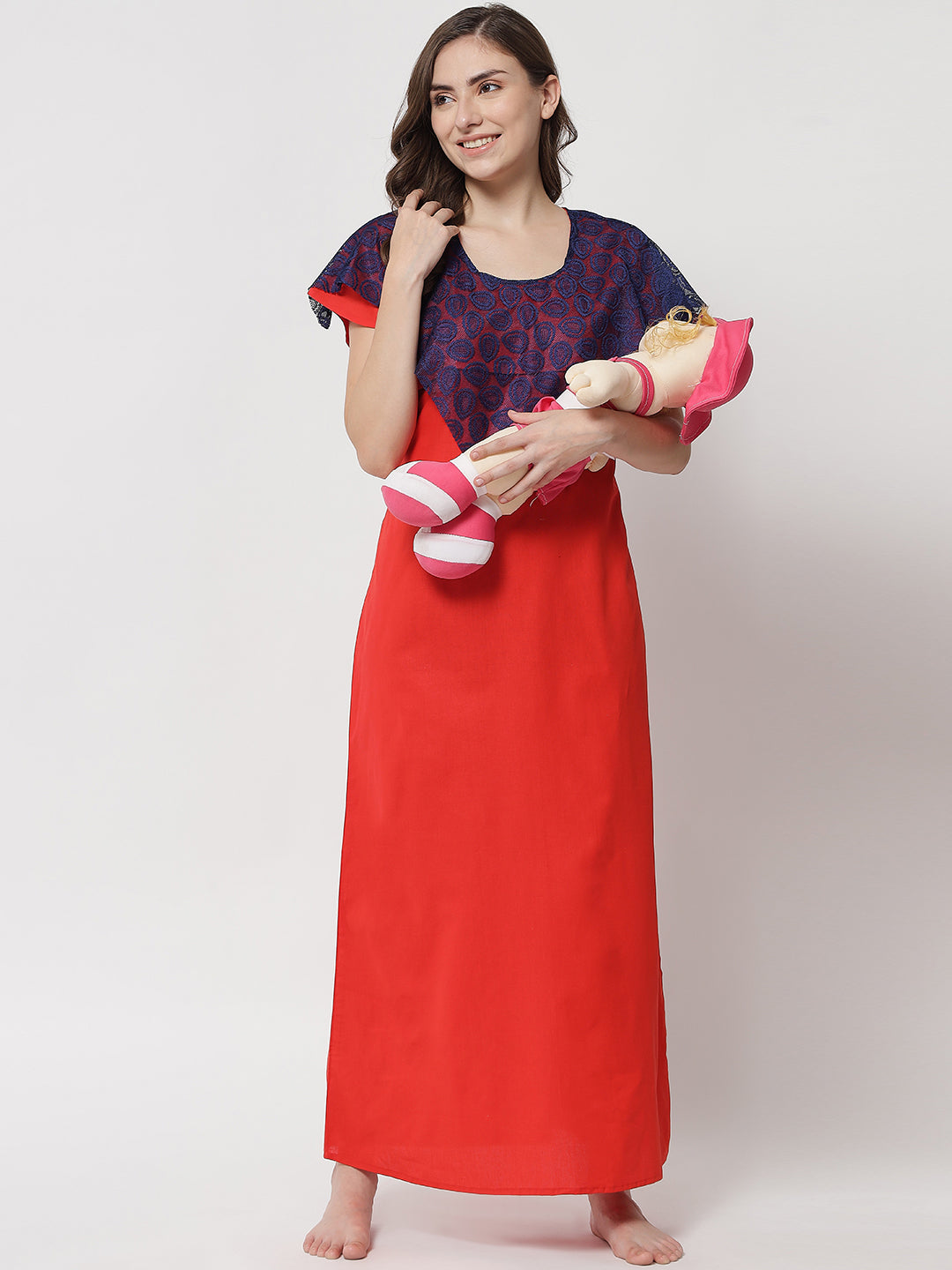 Cotton Solid Maternity and Feeding Maxi Nighty & Dress With Zip