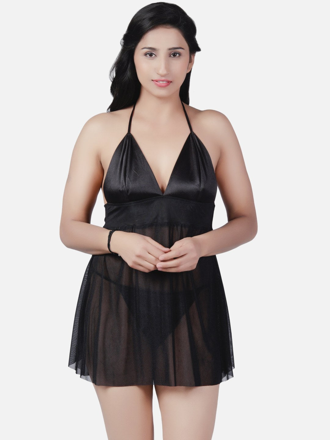 Sheer Net Hot Black Babydoll Bikini Night Dress for Honeymoon