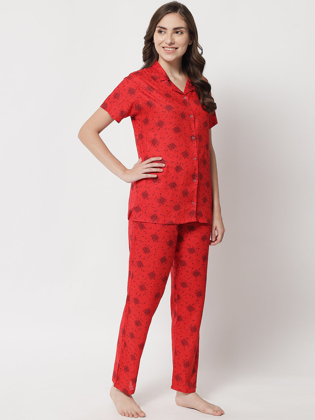 Printed Button Up Navy Nightsuit For Women With Pockets in Pyjamas N74Rd